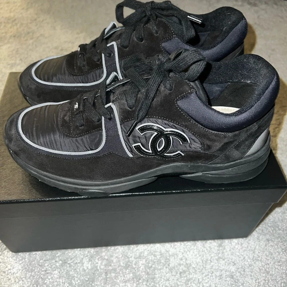 CHANEL Black Suede & Leather CC Logo Sneakers